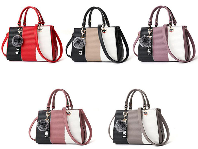Women’s Patchwork Handbag with Hairball Charm – Party, Crossbody, Shoulder & Messenger Bag.