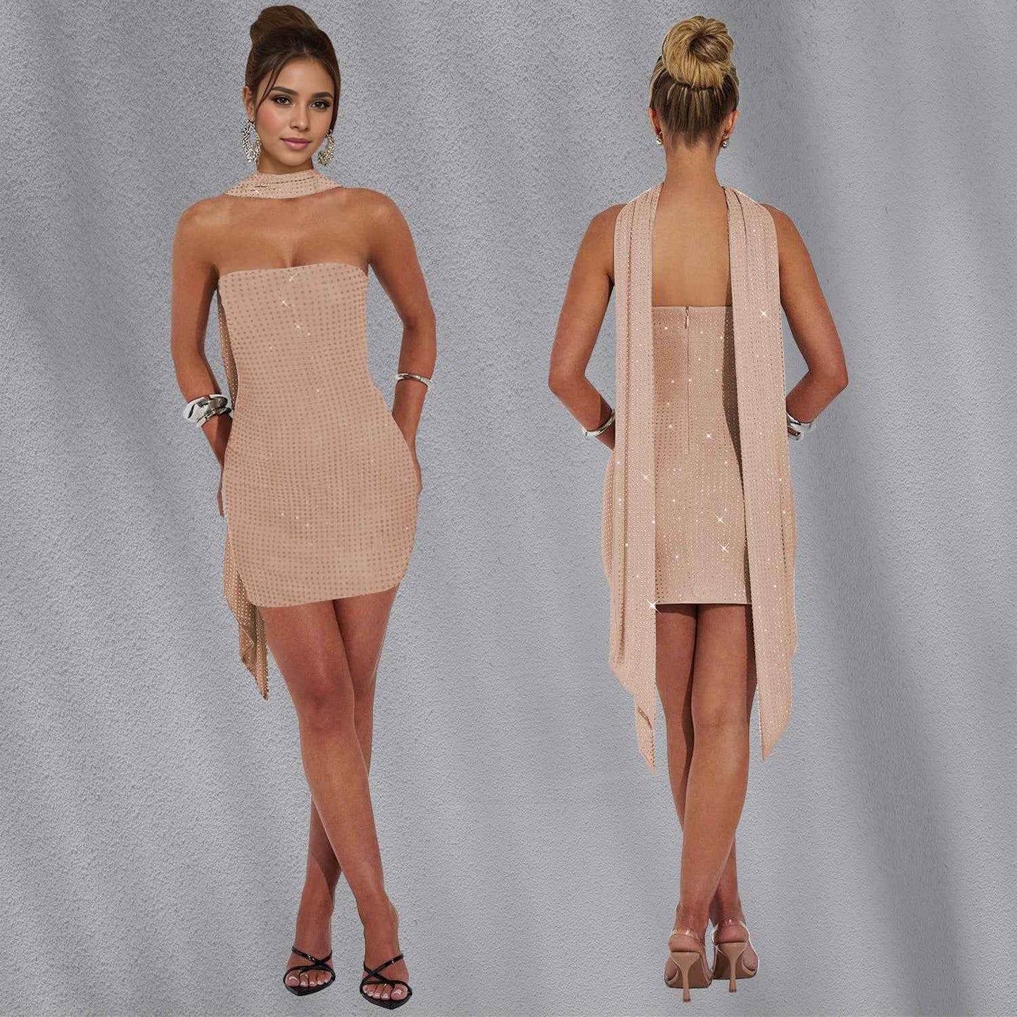 Elegant Rhinestone Ribbon Dress – Sparkling Evening Party Gown for Women.