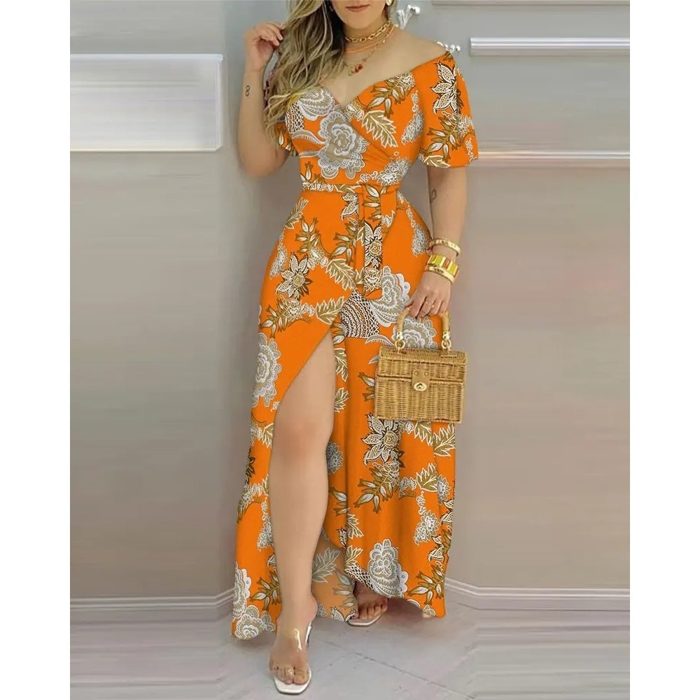 Floral Print Split Thigh Belted Wrap Maxi Dress – Elegant Boho Summer Beach & Party Dress.