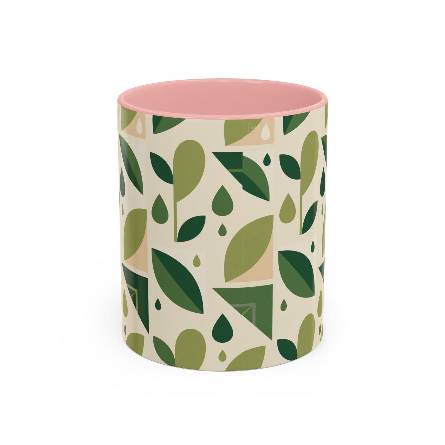 Mug - Abstract Green Leaf and Water Drop Pattern, Minimal Geometric Design.