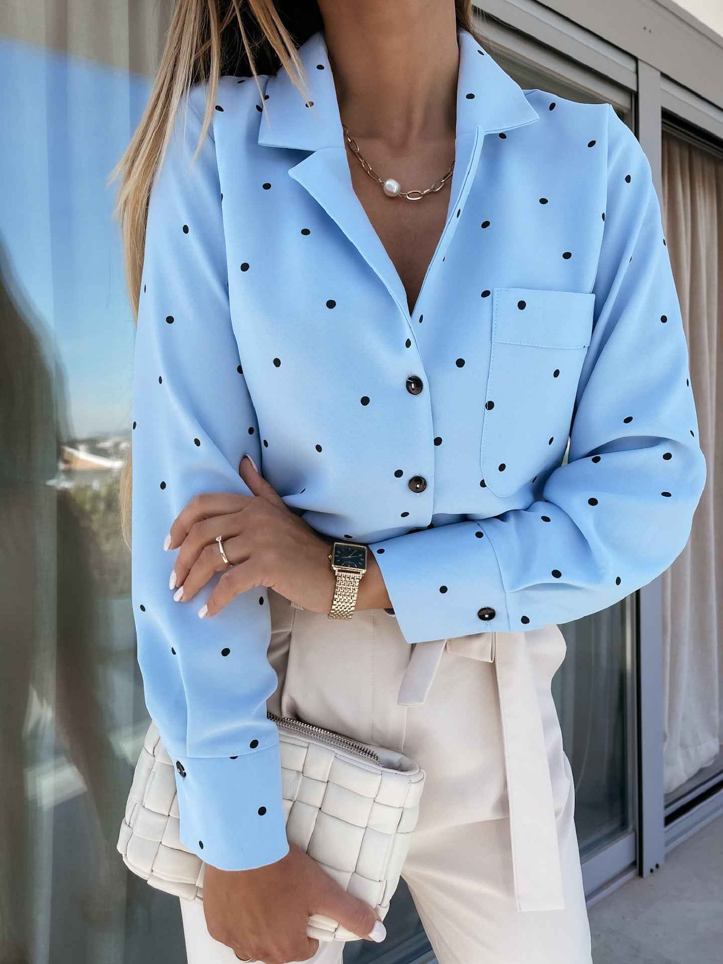 Women’s Slim Fit Polka Dot Button Shirt – Long Sleeve with Pocket.