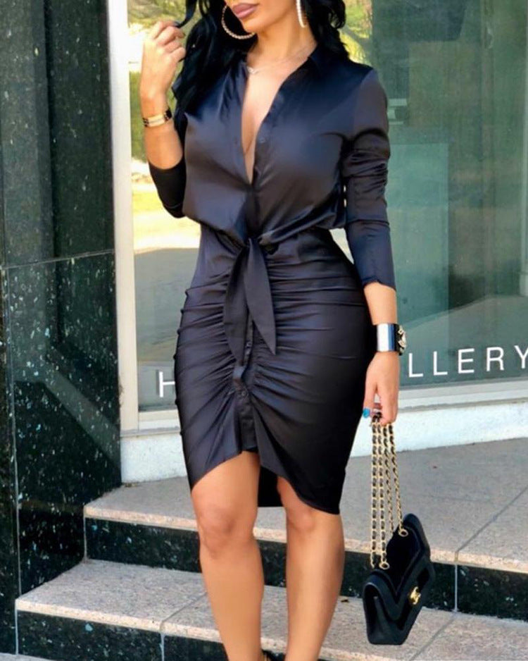 ✨ Women’s Lace-Up Solid Color Long Sleeve Midi Dress – Elegant Fashion Party Dress.