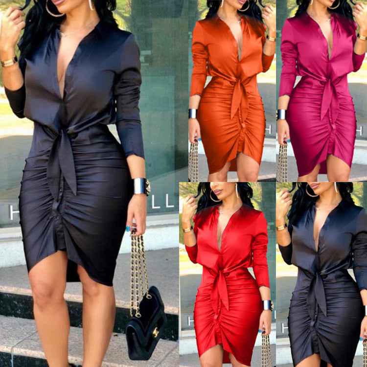 ✨ Women’s Lace-Up Solid Color Long Sleeve Midi Dress – Elegant Fashion Party Dress.