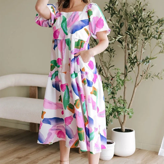 Purple Abstract Print Puff Sleeve Midi Dress – Smocked Back Summer Fashion.