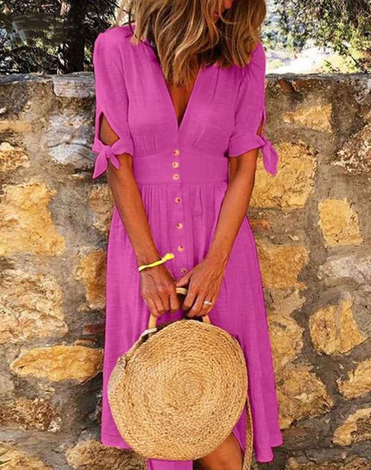 Plus Size Women’s V-Neck Lace-Up Half-Sleeve Casual Dress – Solid Color One-Piece.