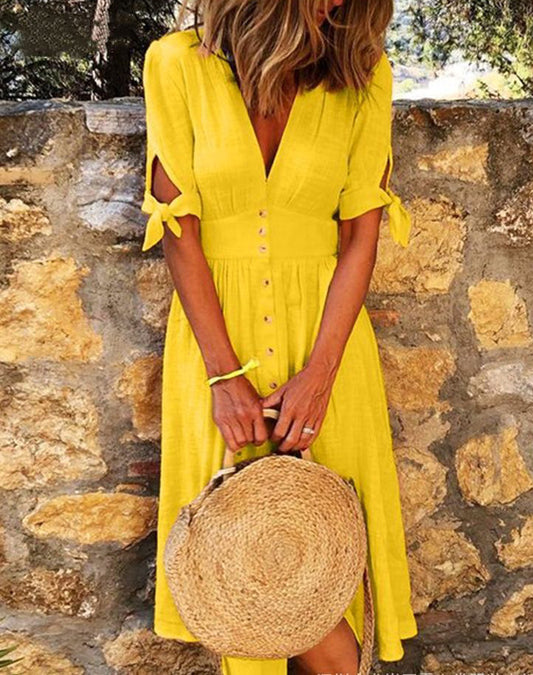 Plus Size Women’s V-Neck Lace-Up Half-Sleeve Casual Dress – Solid Color One-Piece.