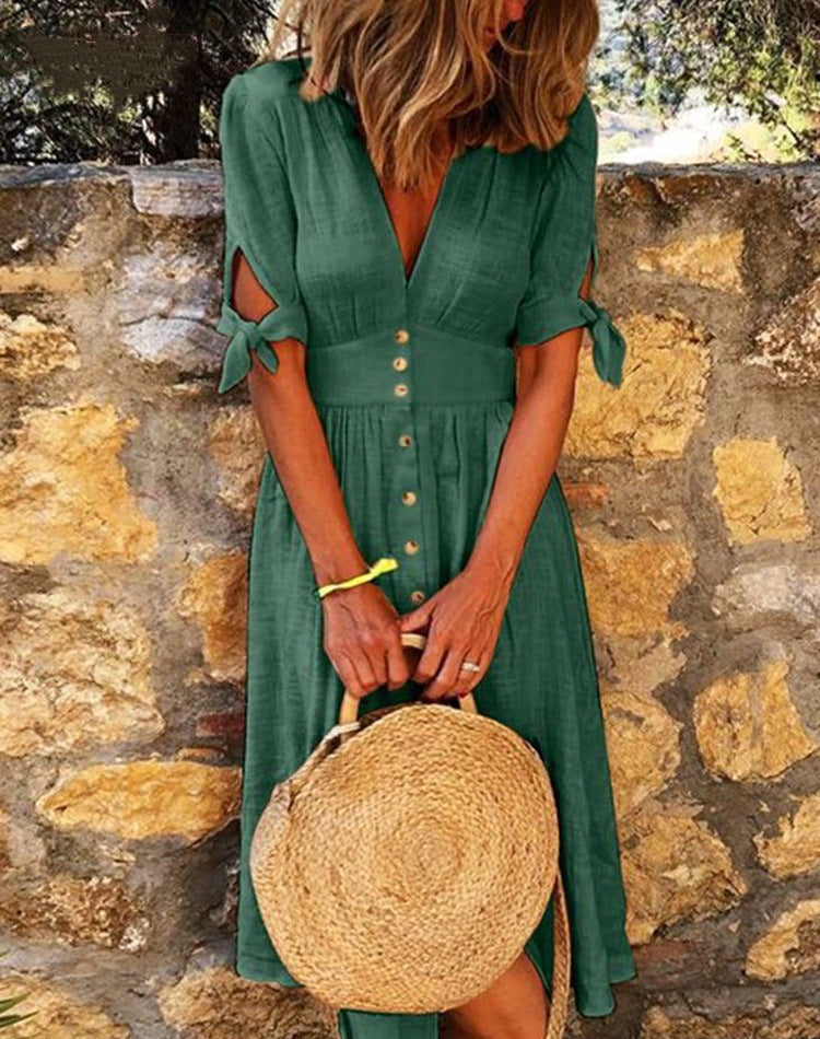 Plus Size Women’s V-Neck Lace-Up Half-Sleeve Casual Dress – Solid Color One-Piece.