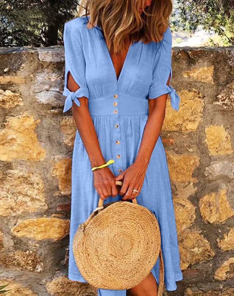 Plus Size Women’s V-Neck Lace-Up Half-Sleeve Casual Dress – Solid Color One-Piece.