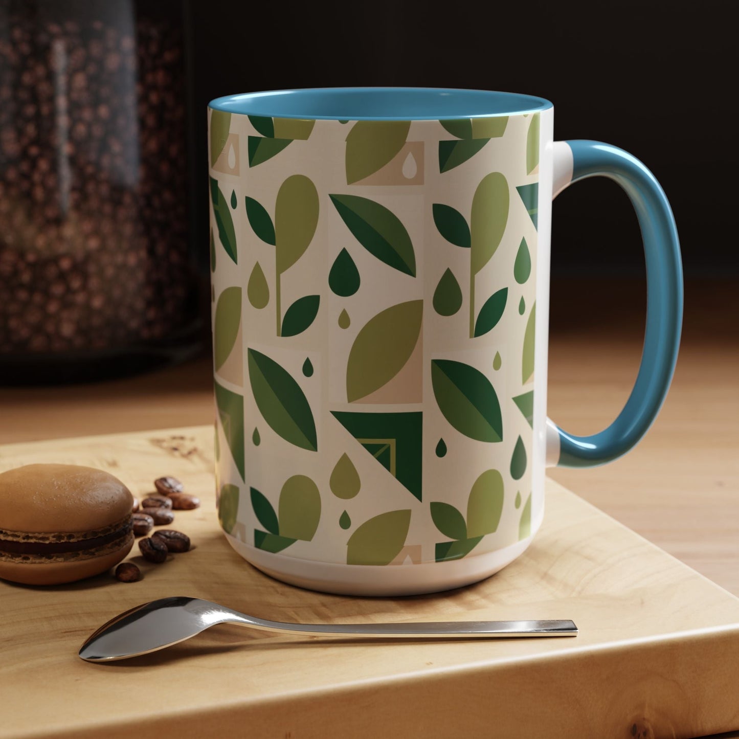 Mug - Abstract Green Leaf and Water Drop Pattern, Minimal Geometric Design Printify