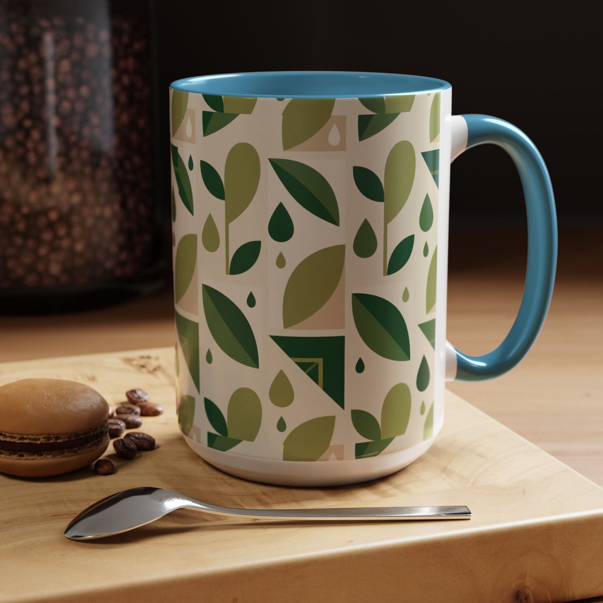 Mug - Abstract Green Leaf and Water Drop Pattern, Minimal Geometric Design Printify