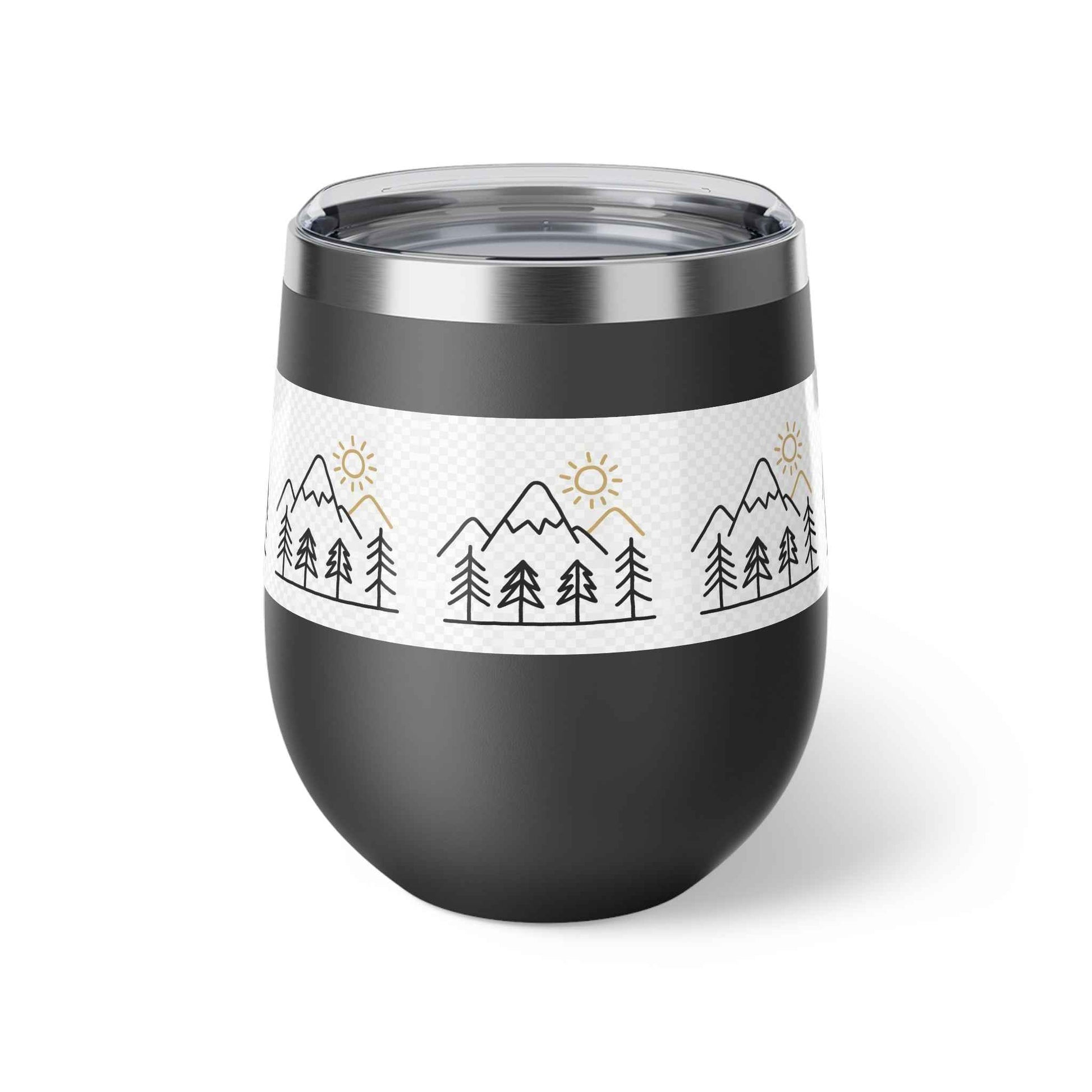 Mug, Simple Line Art Mountains and Pine Trees, 12oz Copper Vacuum Insulated Cup.