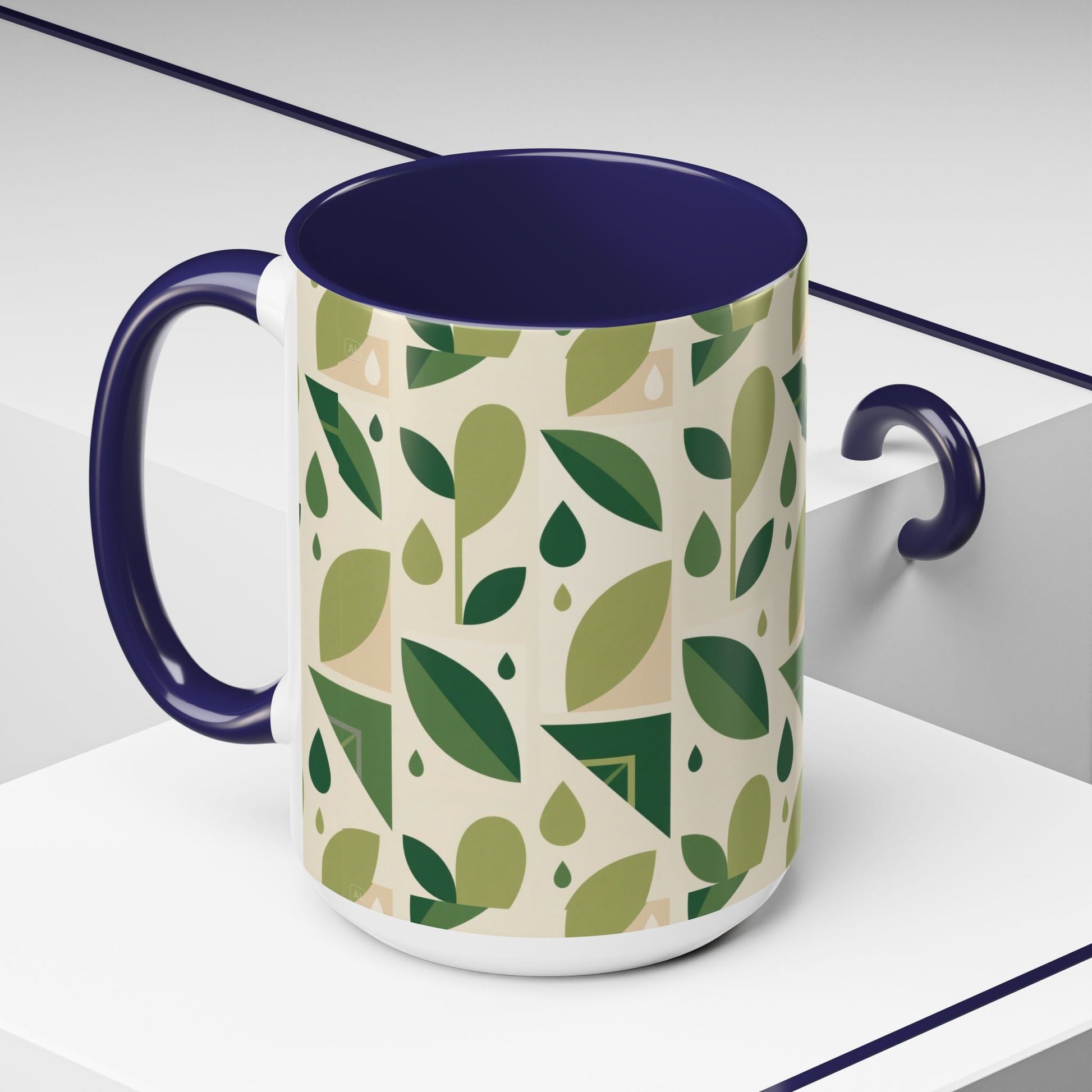 Mug - Abstract Green Leaf and Water Drop Pattern, Minimal Geometric Design Printify