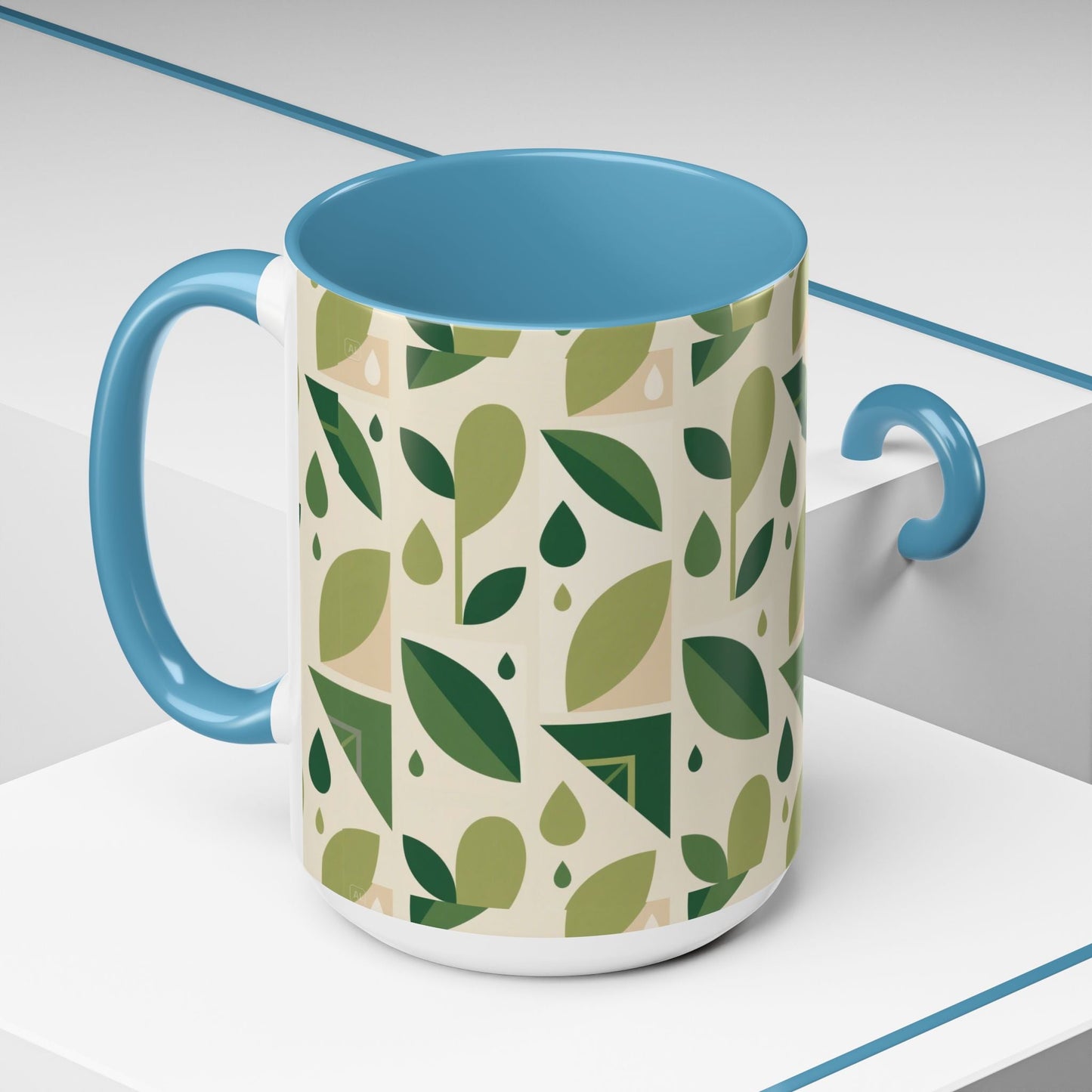 Mug - Abstract Green Leaf and Water Drop Pattern, Minimal Geometric Design Printify