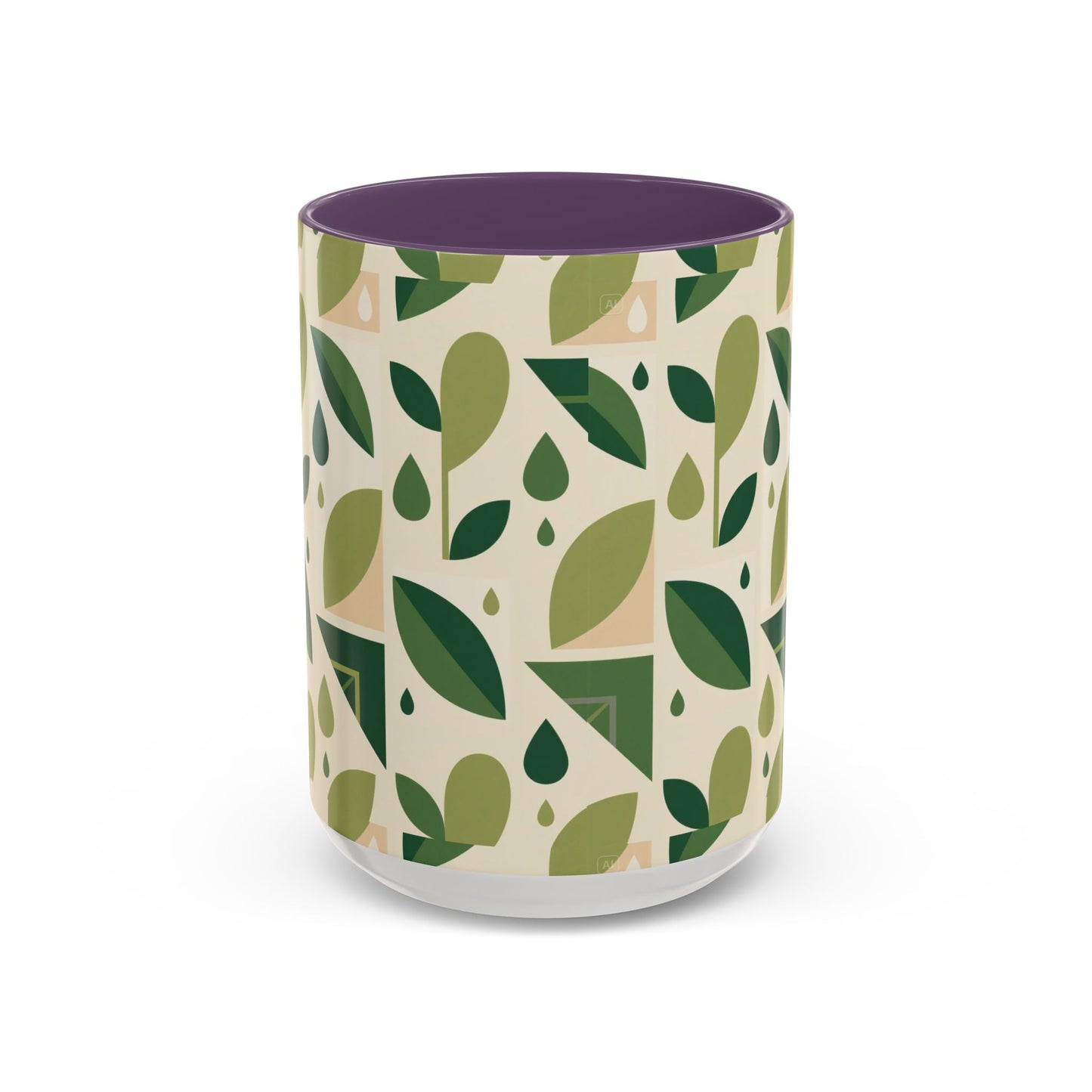 Mug - Abstract Green Leaf and Water Drop Pattern, Minimal Geometric Design.