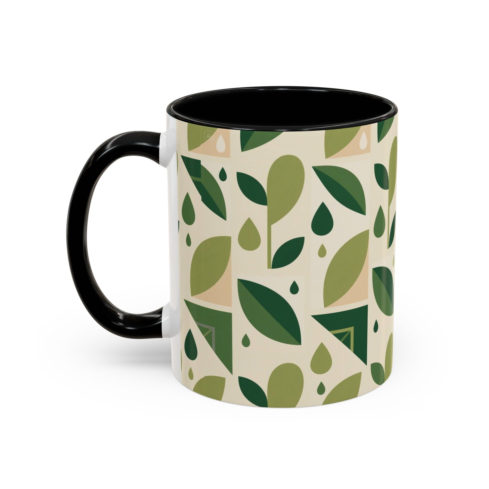 Mug - Abstract Green Leaf and Water Drop Pattern, Minimal Geometric Design.