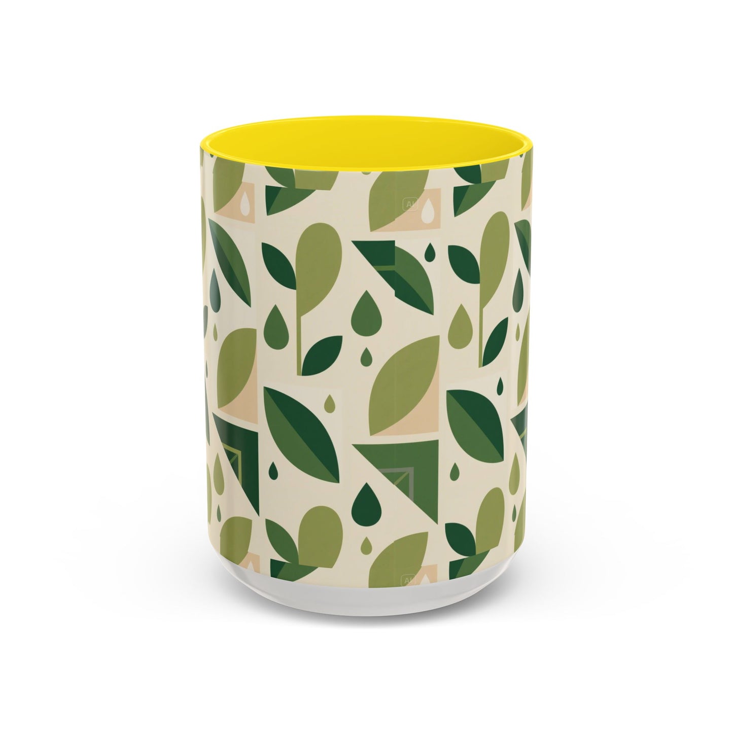 Mug - Abstract Green Leaf and Water Drop Pattern, Minimal Geometric Design.