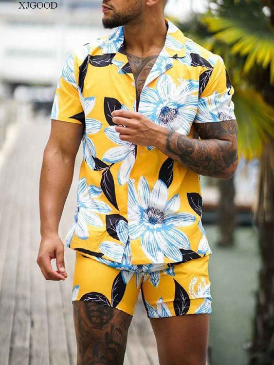 Men’s Hawaiian Floral Two-Piece Set – Summer Casual Beach Outfit.