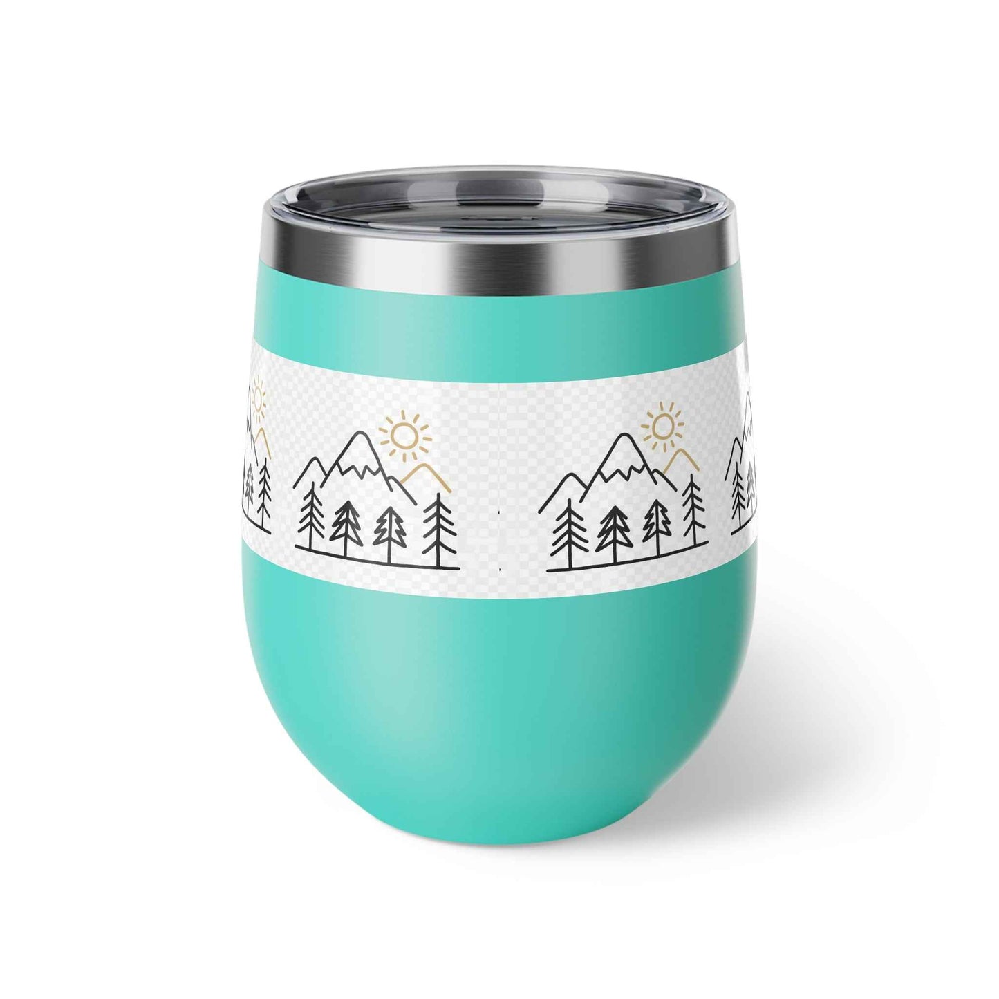 Mug, Simple Line Art Mountains and Pine Trees, 12oz Copper Vacuum Insulated Cup.