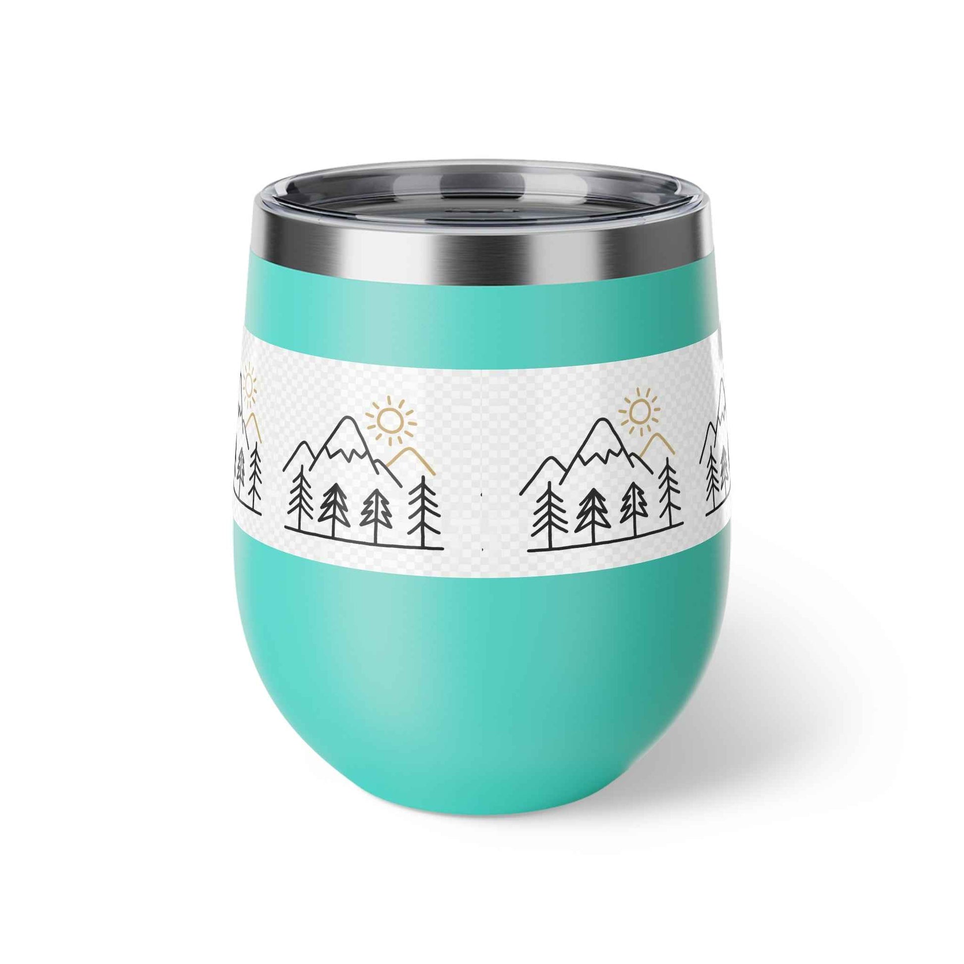 Mug, Simple Line Art Mountains and Pine Trees, 12oz Copper Vacuum Insulated Cup.
