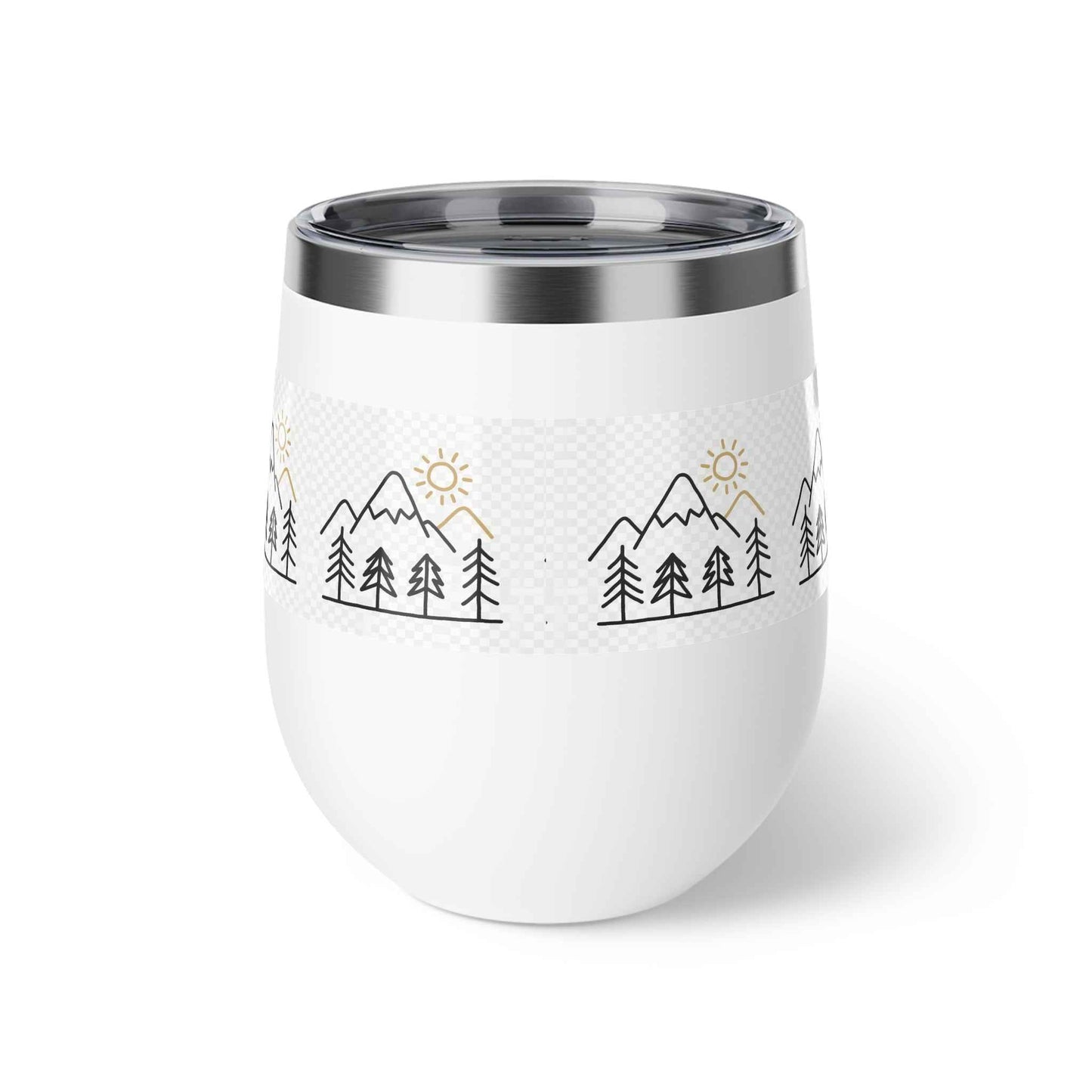 Mug, Simple Line Art Mountains and Pine Trees, 12oz Copper Vacuum Insulated Cup.