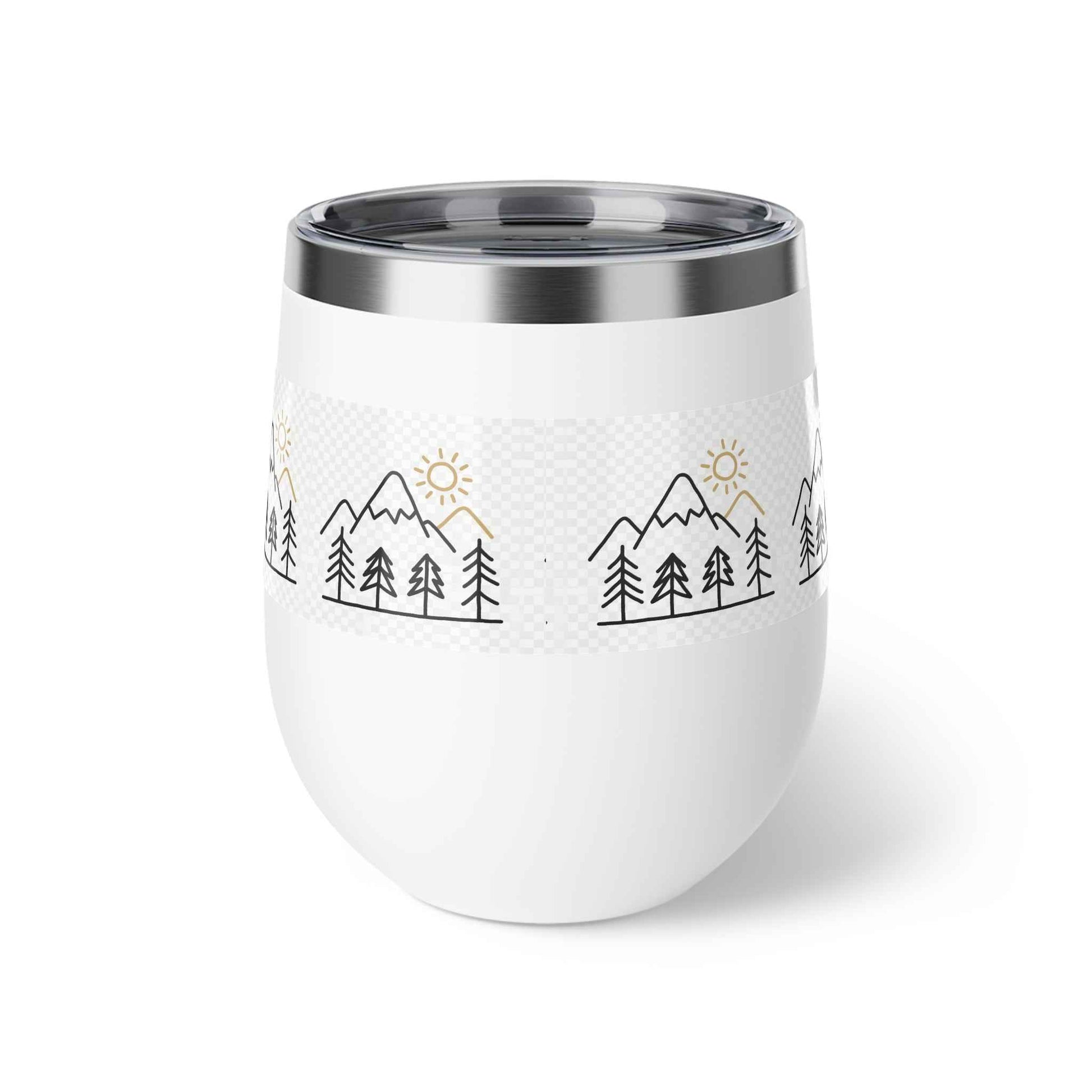 Mug, Simple Line Art Mountains and Pine Trees, 12oz Copper Vacuum Insulated Cup.