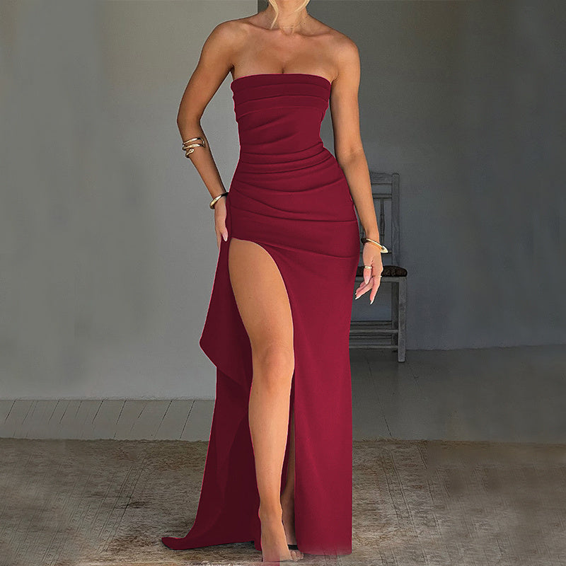 Women’s Strapless Split Long Dress – Summer Pleated Bridesmaid & Party Dress.