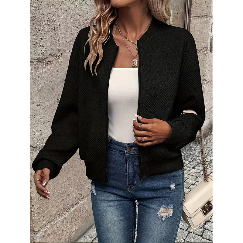 Womens Bomber Jacket Coat Casual Textured Stand Collar Zip Up Fall Fashion Jackets Outfits cjdropshipping