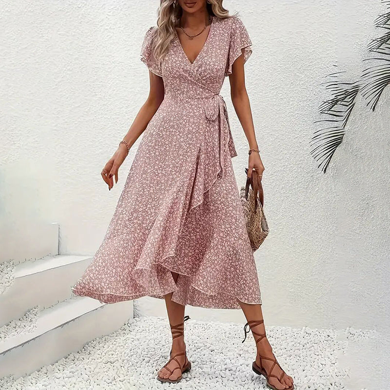 Women’s Summer Floral Boho Maxi Dress – Wrap V-Neck Short Sleeve Ruffle A-Line Flowy Beach Dress.