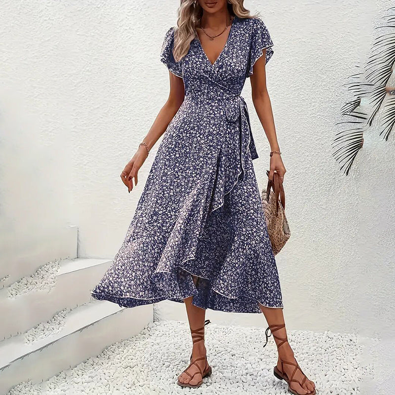 Women’s Summer Floral Boho Maxi Dress – Wrap V-Neck Short Sleeve Ruffle A-Line Flowy Beach Dress.