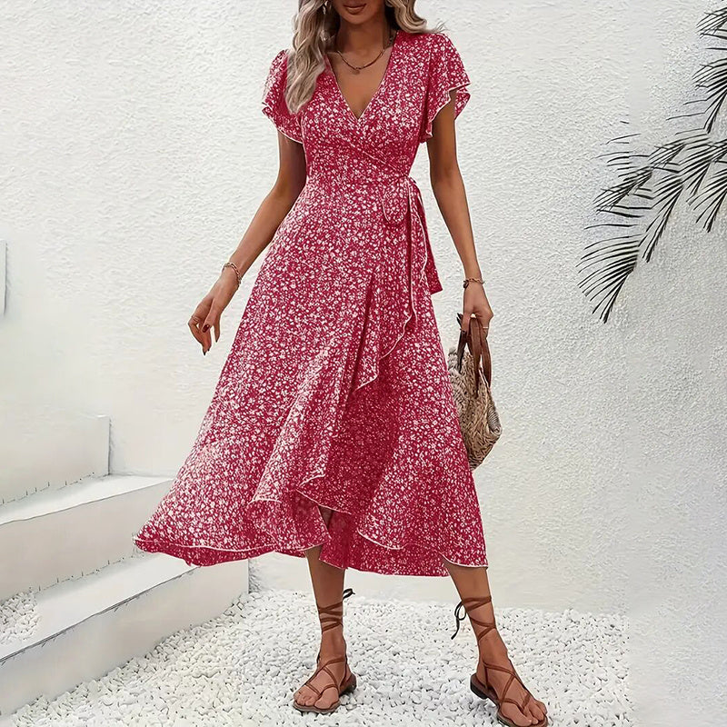 Women’s Summer Floral Boho Maxi Dress – Wrap V-Neck Short Sleeve Ruffle A-Line Flowy Beach Dress.