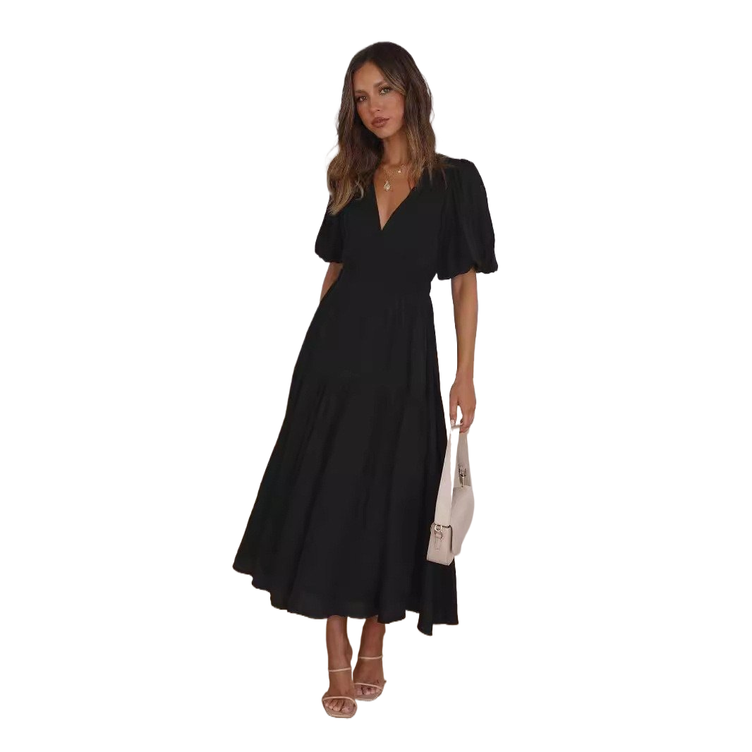 Chic Deep V Puffed Sleeve Vacation Dress – Elegant Flowy Summer Maxi for Beach & Resort Wear.