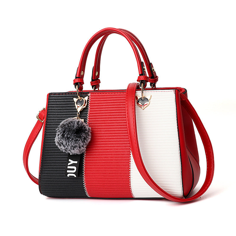 Women’s Patchwork Handbag with Hairball Charm – Party, Crossbody, Shoulder & Messenger Bag.