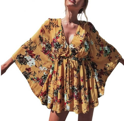 Boho Flower Batwing Sleeve Dress Flowy and Feminine.