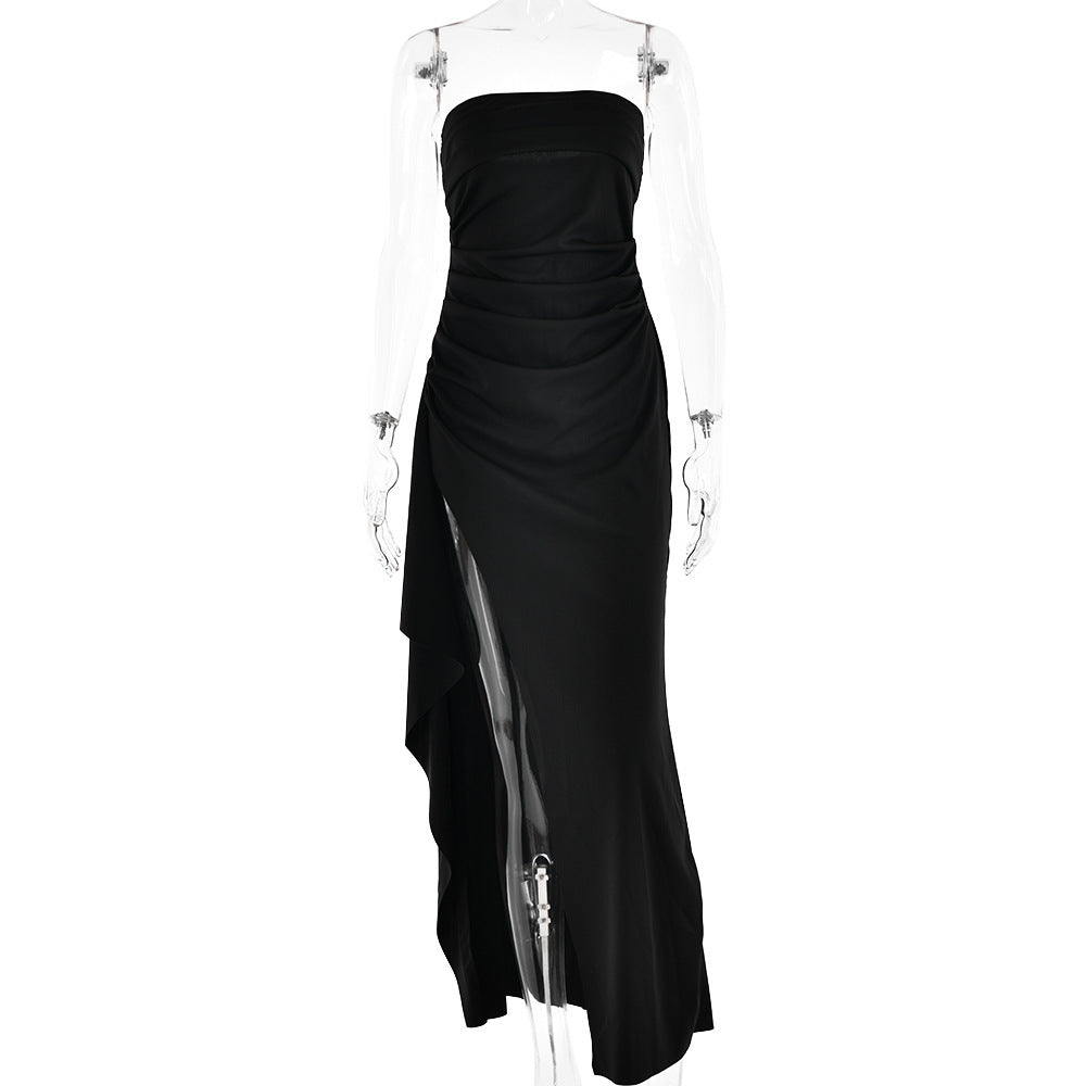 Women’s Strapless Split Long Dress – Summer Pleated Bridesmaid & Party Dress.