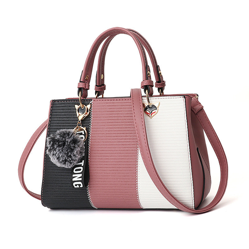 Women’s Patchwork Handbag with Hairball Charm – Party, Crossbody, Shoulder & Messenger Bag.