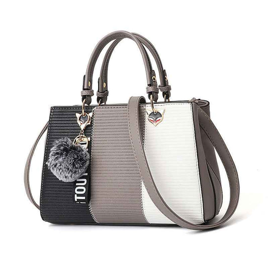 Women’s Patchwork Handbag with Hairball Charm – Party, Crossbody, Shoulder & Messenger Bag.