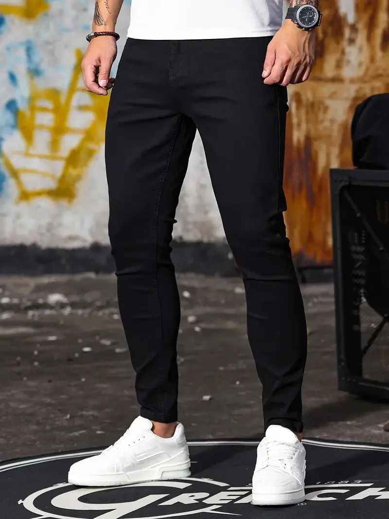 Men’s Retro Washed Stretch Slim Fit Jeans with Zipper Detail – Casual Denim Pants.