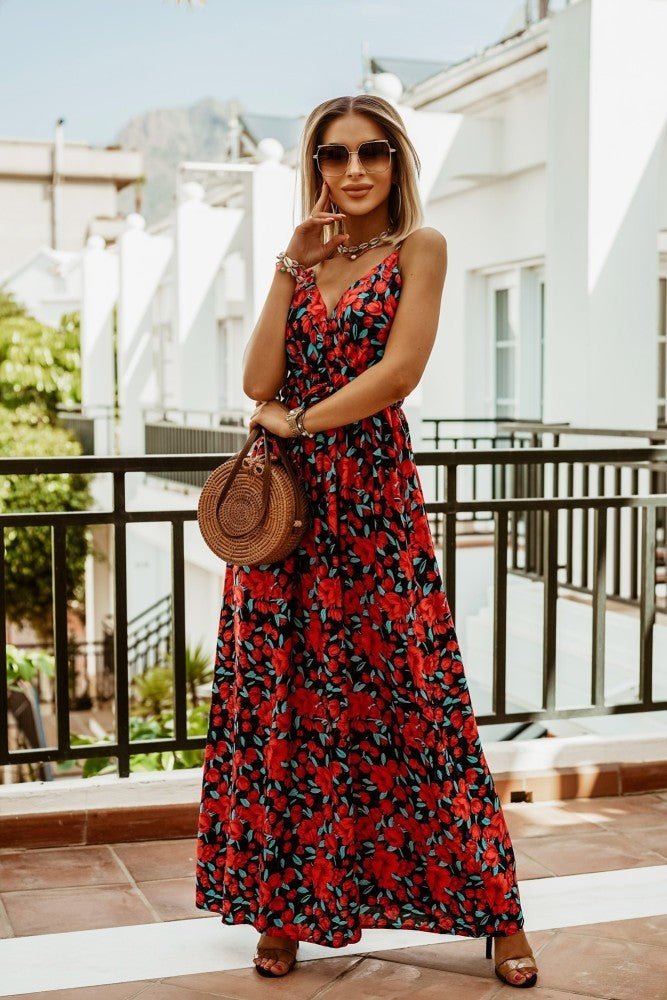 V-Neck Sleeveless Boho Maxi Dress – Printed Spaghetti Strap Summer Beach Dress for Women.
