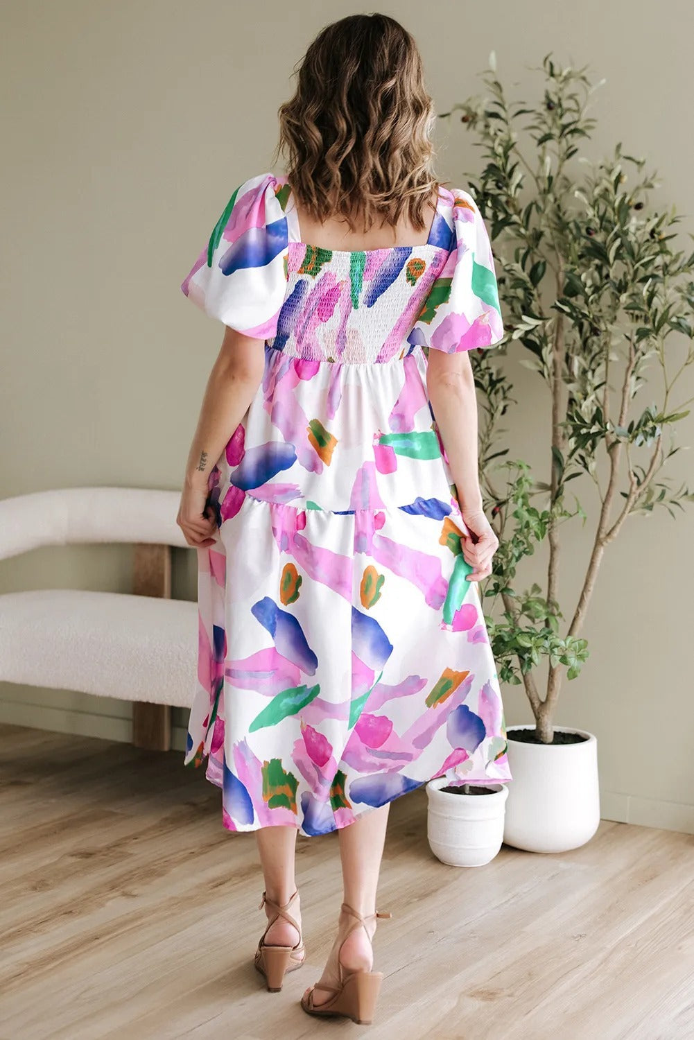 Purple Abstract Print Puff Sleeve Midi Dress – Smocked Back Summer Fashion.