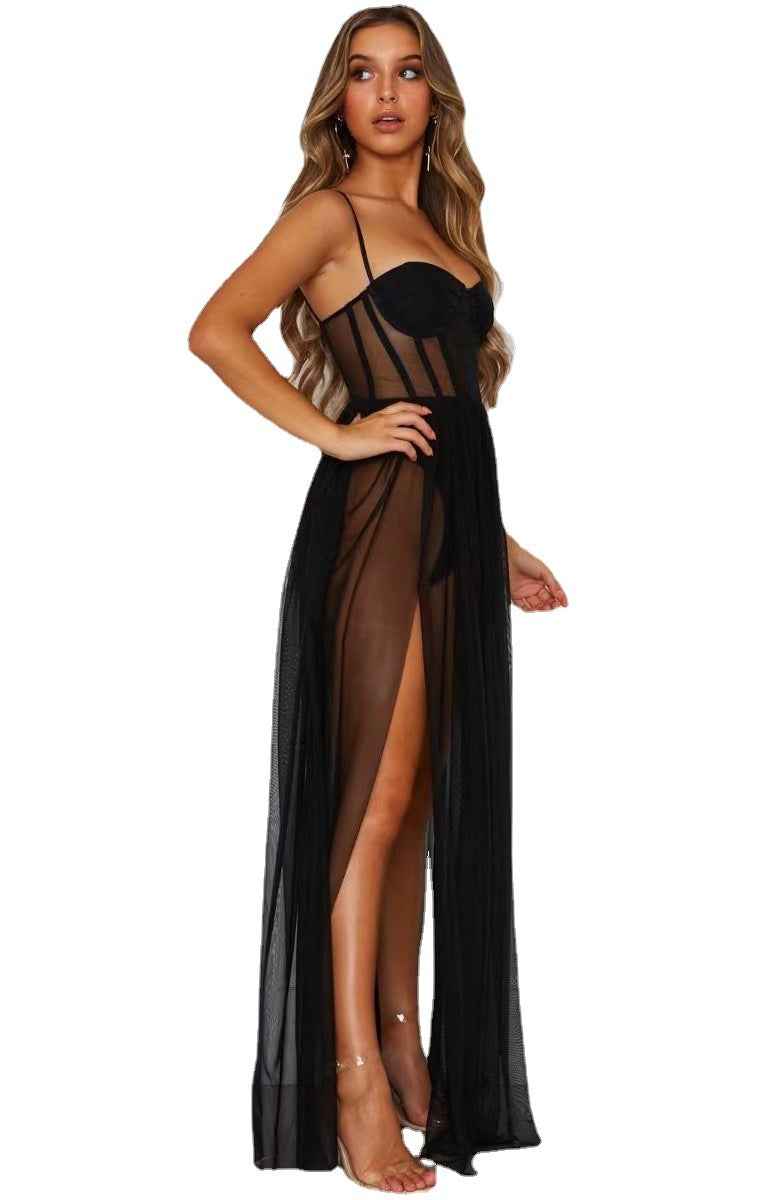 Elegant Solid Color Mesh Long Dress – Women’s Sheer Overlay Maxi Gown for Party & Evening Wear.