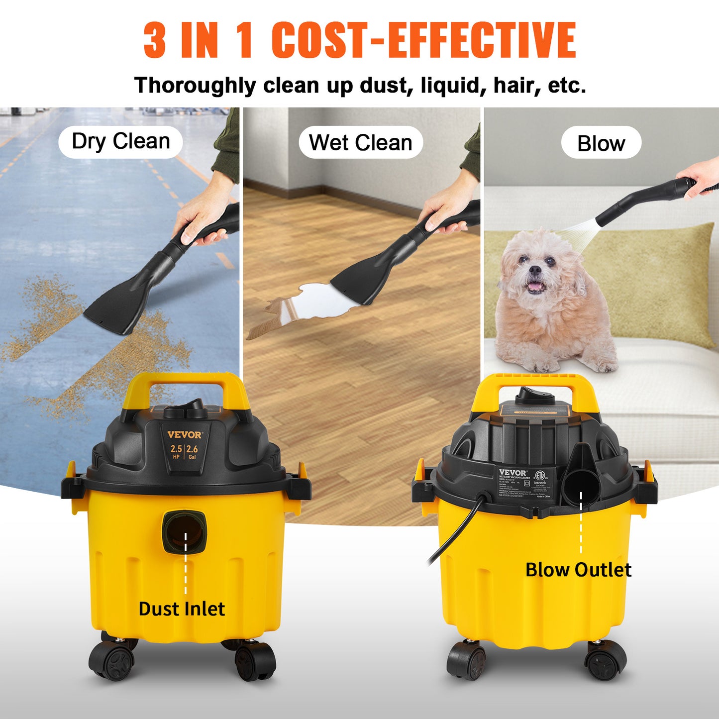 VEVOR Wet Dry Vac – 2.6 Gal 3-in-1 Portable Shop Vacuum with Blower & Attachments.