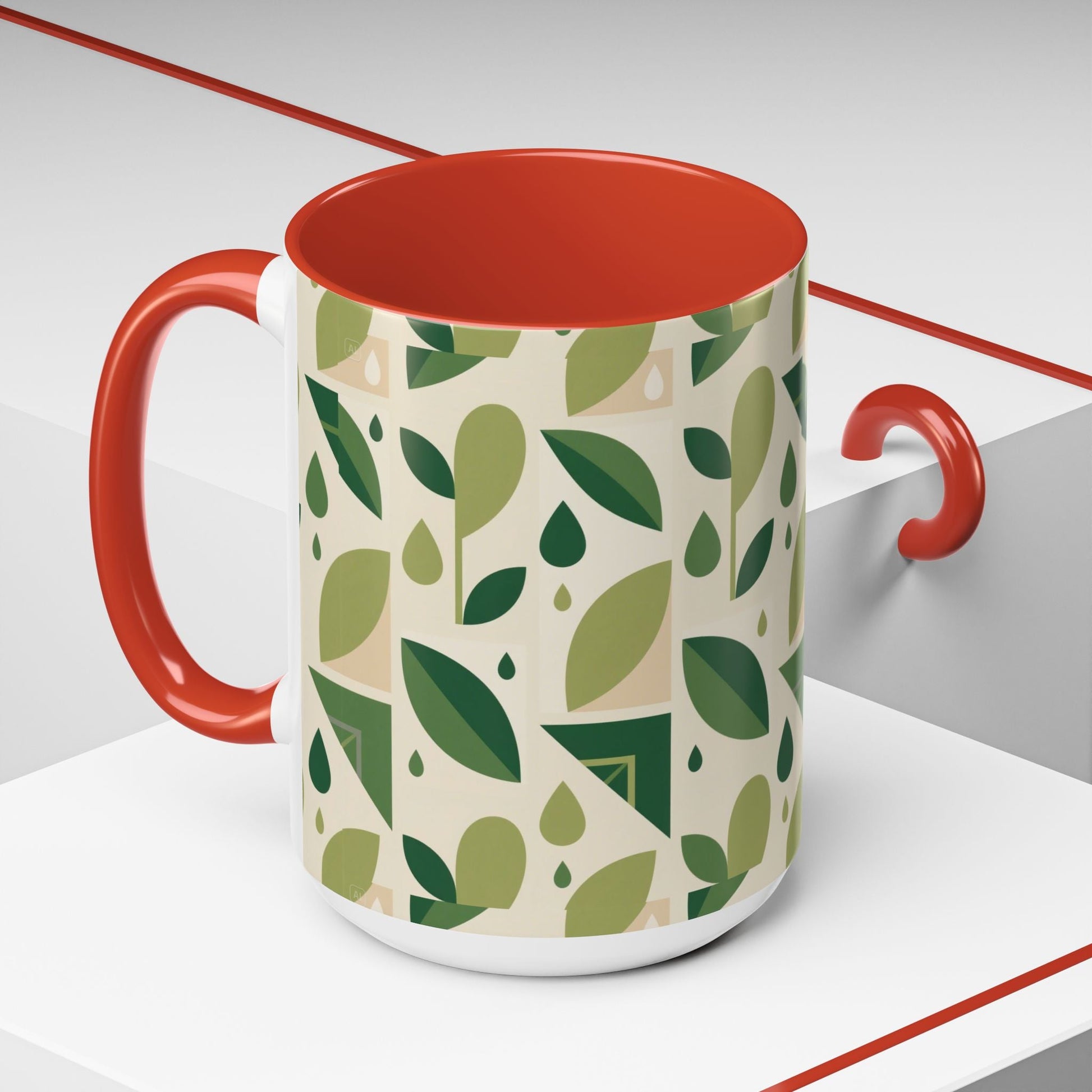 Mug - Abstract Green Leaf and Water Drop Pattern, Minimal Geometric Design Printify