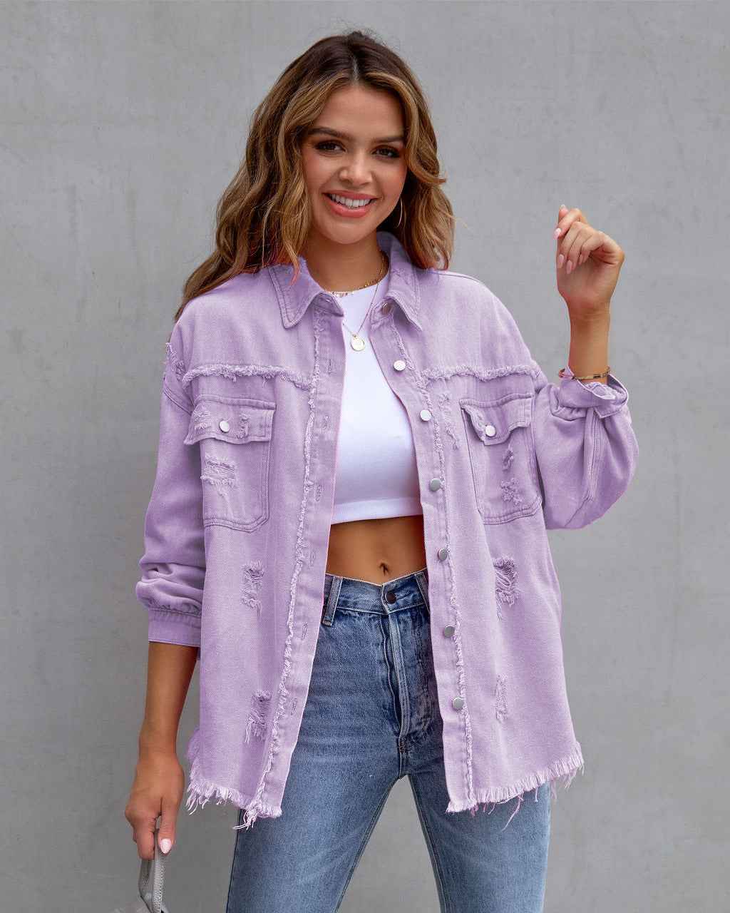 Fashion Ripped Shirt Jacket – Women’s Autumn & Spring Casual Top.