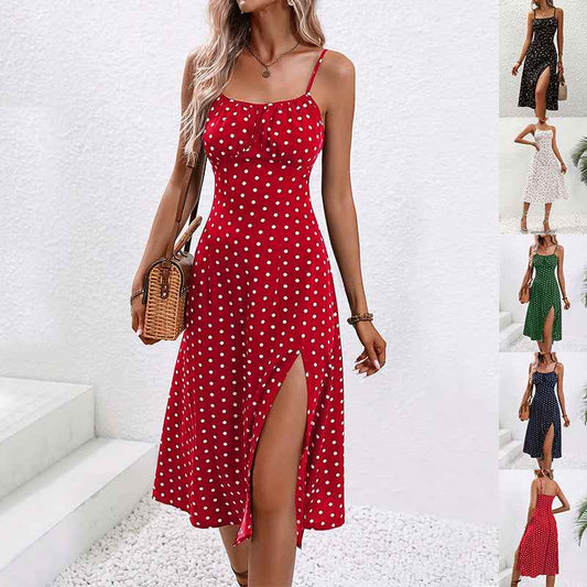 Polka Dot Suspender Split Dress – Summer Sexy Long Dress for Women.