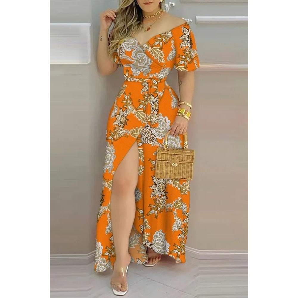 Floral Print Split Thigh Belted Wrap Maxi Dress – Elegant Boho Summer Beach & Party Dress.