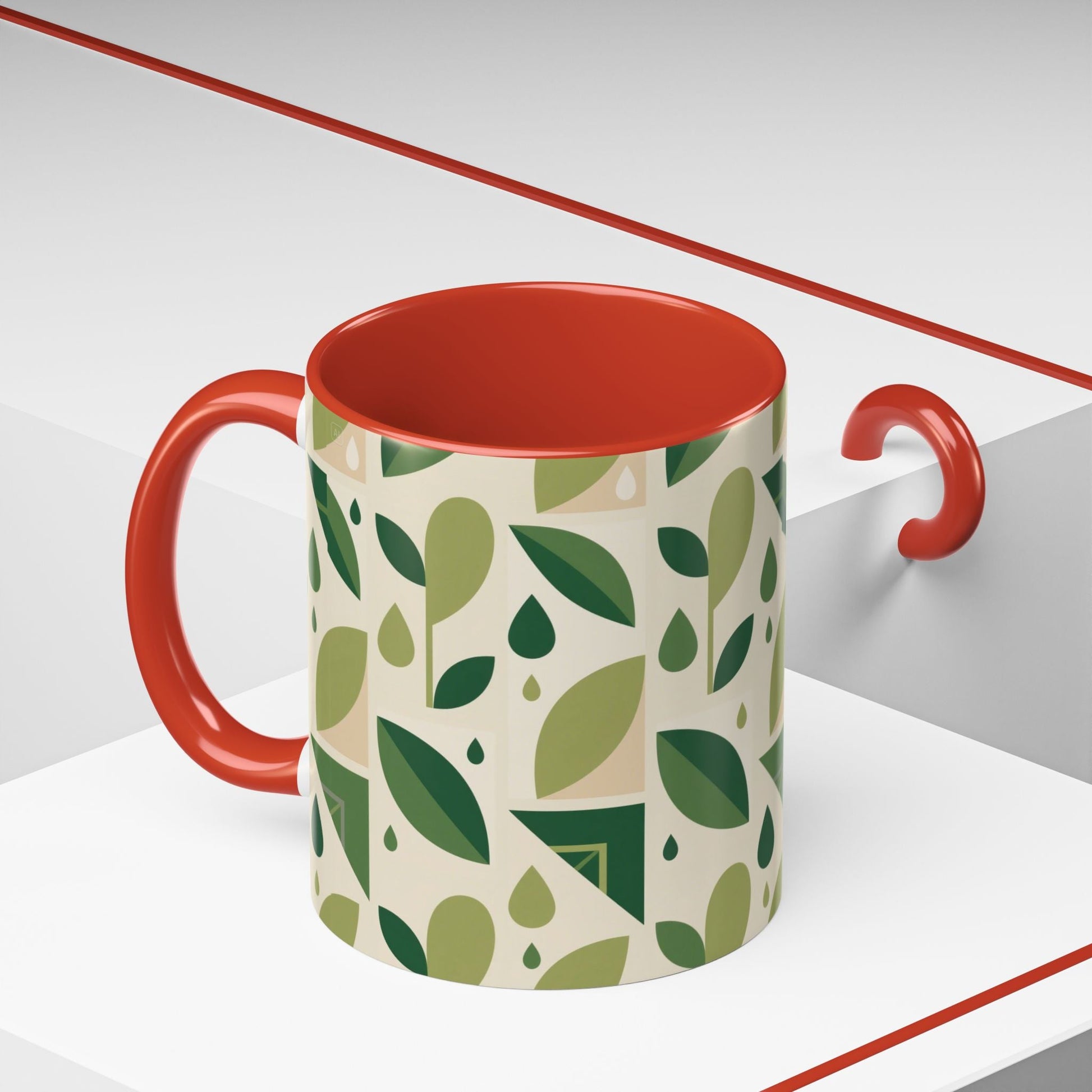 Mug - Abstract Green Leaf and Water Drop Pattern, Minimal Geometric Design Printify