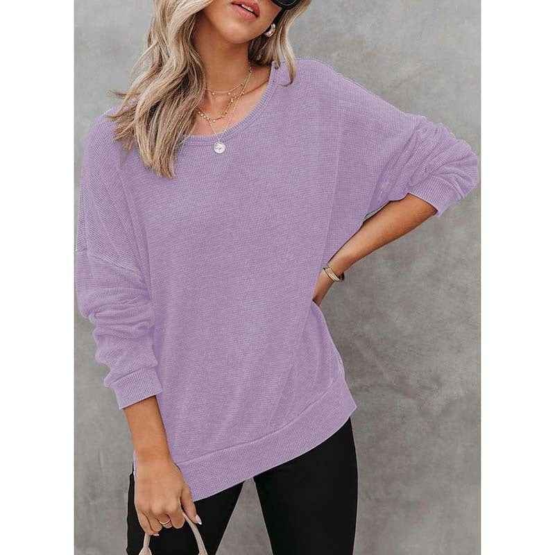 Womens Waffle Knit Crewneck Sweatshirts Long Sleeve Side Slits Casual Pullover Sweatshirt Tops.