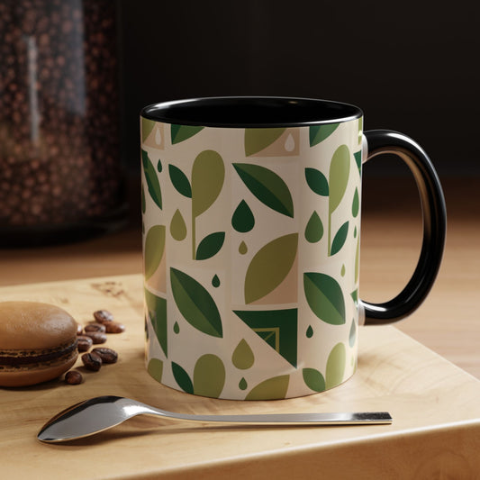 Mug - Abstract Green Leaf and Water Drop Pattern, Minimal Geometric Design.
