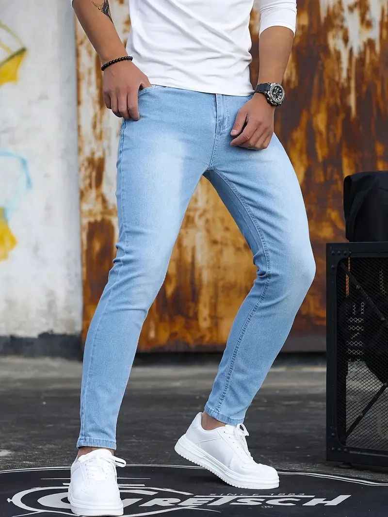 Men’s Retro Washed Stretch Slim Fit Jeans with Zipper Detail – Casual Denim Pants.