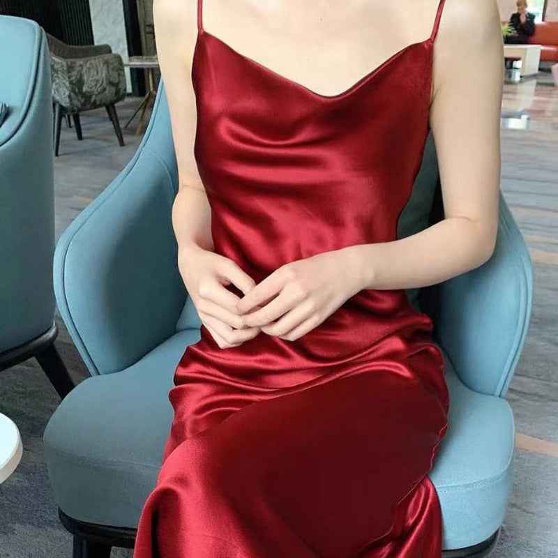 Sleek Acetate Satin Swing Neck Slip Dress – Elegant Silky Evening & Cocktail Dress for Women.